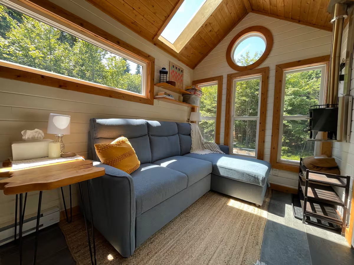 Bright living room with skylight, sofa and forest views
